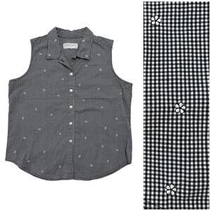 Norton Studio Embroidered Button-Up Sleeveless Top Sz L Gingham Floral Black EUC